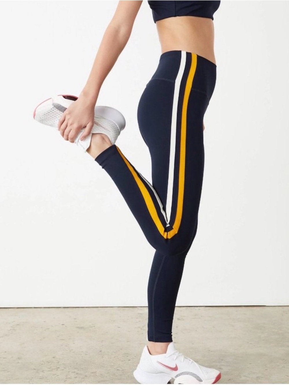SPLITS59 High Waisted Bianca Leggings Navy Marigold Yellow White Stripe Large